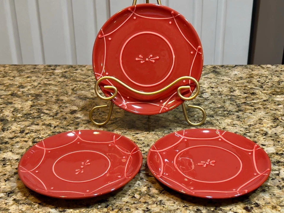 Crate & Barrel Red Appetizer Plates– Set of (3)6-5/8 Embossed Ornate Design - Image 2 of 4