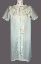 Vtg Smart Time Lace Trim Housecoat Nightgown Size 10 Green Embroidery NOS