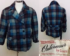Vintage 1950s Hercules by Sears Outerwear Overcoat Men's S Blue Plaid #J3153