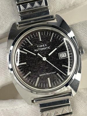 TIMEX Vintage 1970 s Linen Dial Men s Automatic Date Silver Watch 