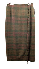 Charter Club Skirt Womens 4P Brown Green Plaid Wool Fringe Wrap Lined Petite
