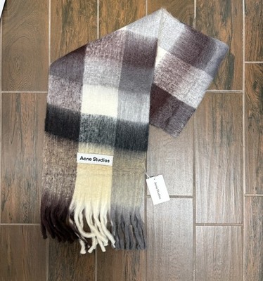 Acne Studios Women's Wool Textured Fringed Scarf Gray, white, and burgundy
