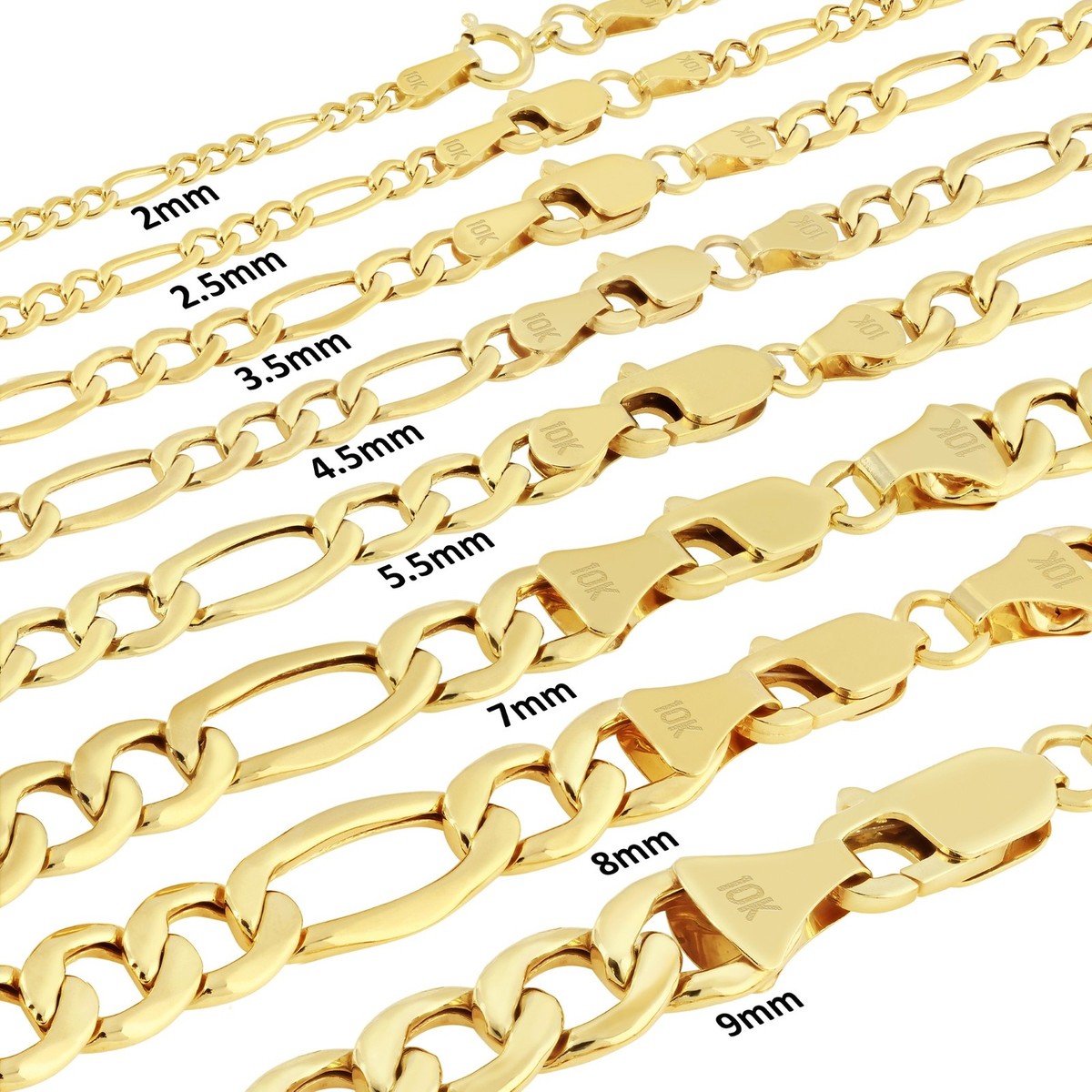 10K Yellow Gold 2mm- 9mm Figaro Chain Italian Link Necklace Mens