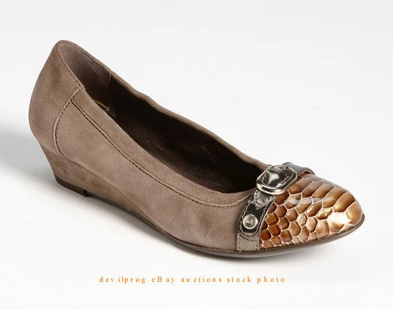 NEW AGL Womens Belt Wedge Pump EUR 36.5 US 6.5 Beige Grey Snake Patent Leather