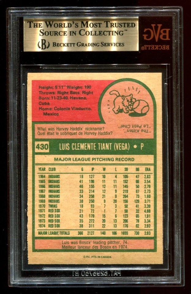 1975 O-Pee-Chee OPC #430 Luis Tiant BVG 9.5 GEM MINT Highest Graded! - Image 2 of 2