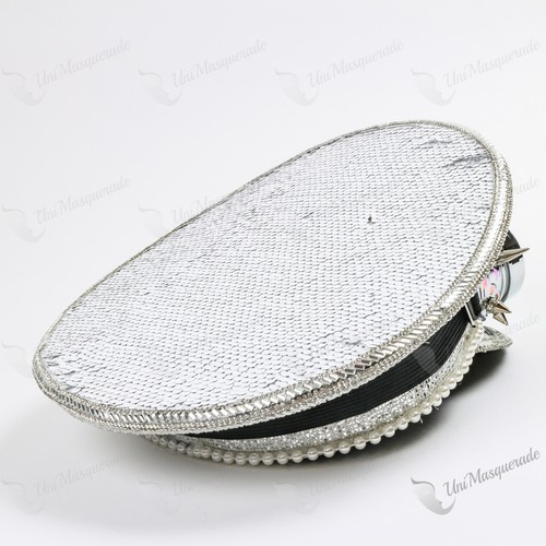 Steampunk Burning Man Sequins White Pearl Halloween Costume Captain Hat - Picture 4 of 4