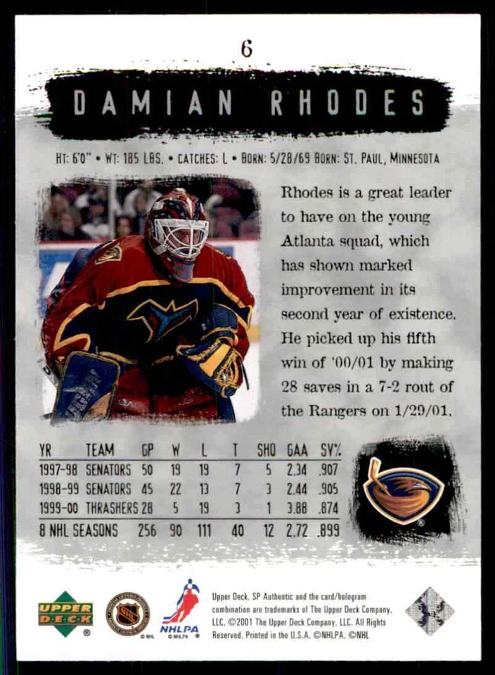 2000-01 Upper Deck SP Authentic Damian Rhodes #6 - Image 2 of 2
