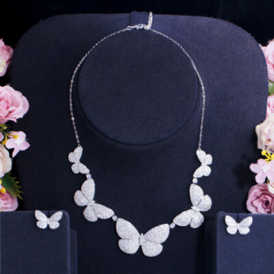 Charming Women Big Butterfly Micro Pave Wedding Necklace Earrings CZ Jewelry Set