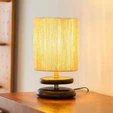 Boho Rattan Table Lamp, Rustic Wood Bedside Lamp with Handmade Woven Shade