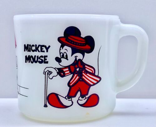 MCM CARTOON ~ Anchor Hocking Walt Disney Mickey & Minnie Mouse Milk Glass Mug VG - Afbeelding 1 van 7