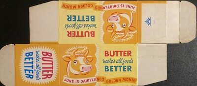 1960s June is Dairyland's Golden Month Butter Box Adorable Sweet Cow w/ Halo NOS