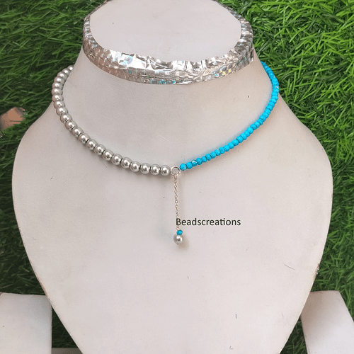 Smooth Silver Pearl and Turquoise Beads Necklace Multi Beads Jewelry Gift Her - Picture 3 of 4