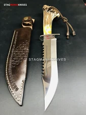 Hand Forged J2 Steel Full Tang Hunting Bowie Knife Crown Stag Antler