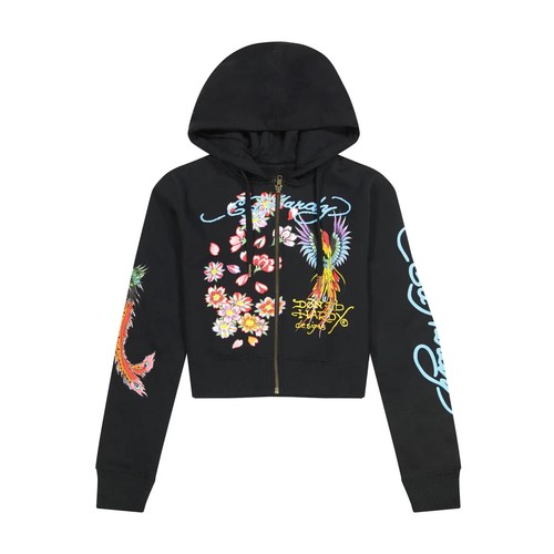 NWT ED HARDY Phoenix Y2K Full Zip Cropped Hoodie Black Size XS
