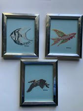 SET 3 Framed  Finshed CROSS STITCH VIBRANT TROPICAL FISH Beach Ocean Nautical