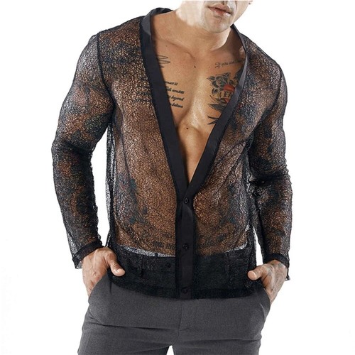 Camisetas transparentes de malla transparente de manga larga para hombre Camiseta de fiesta hippy Prendas para el torso Brillantes - Imagen 3 de 15