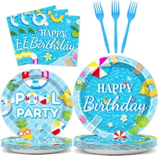 96 Pieces Pool Birthday Party Tableware Set for Summer Beach Table Decorations