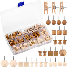 114 Pcs Wood Push Pins, 2 Colors and 7 Types Decorative Thumb Tacks Wooden Head