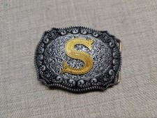 vintage "S" belt buckle MONOGRAM engraved WESTERN cowboy METAL silver gold