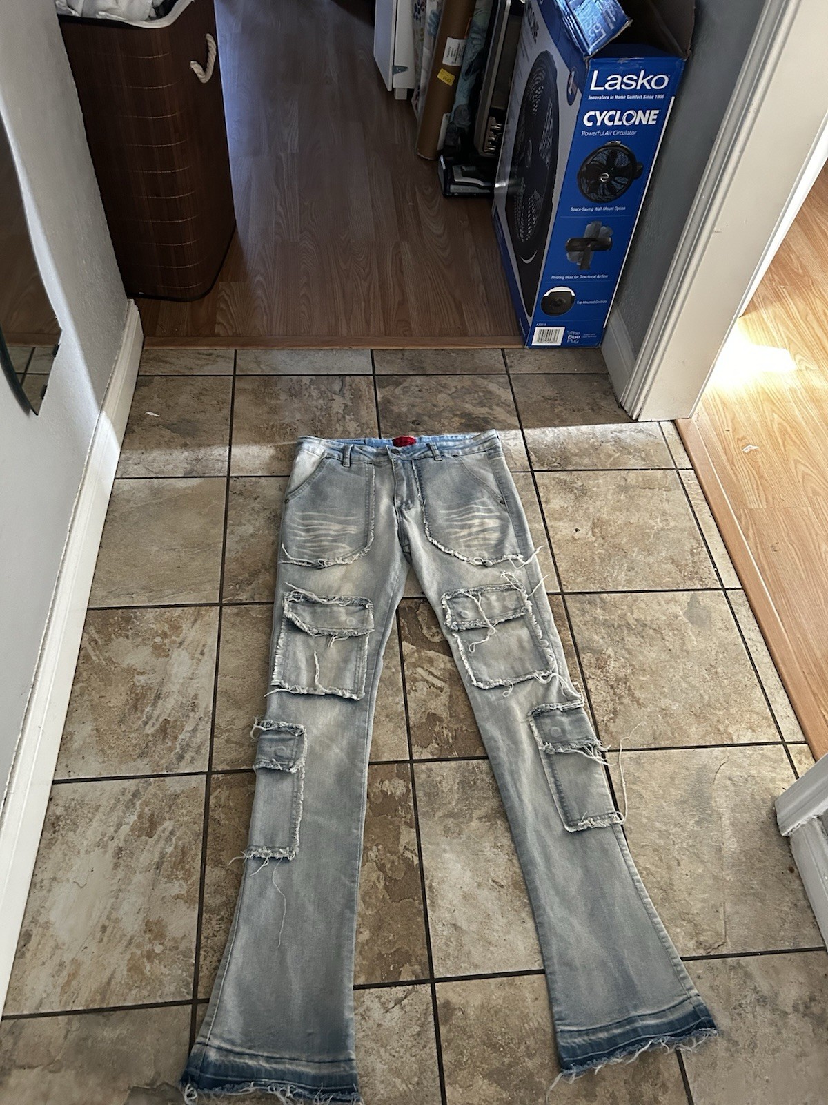 Distressed Light Wash Patchwork Jeans Streetwear … - image 1