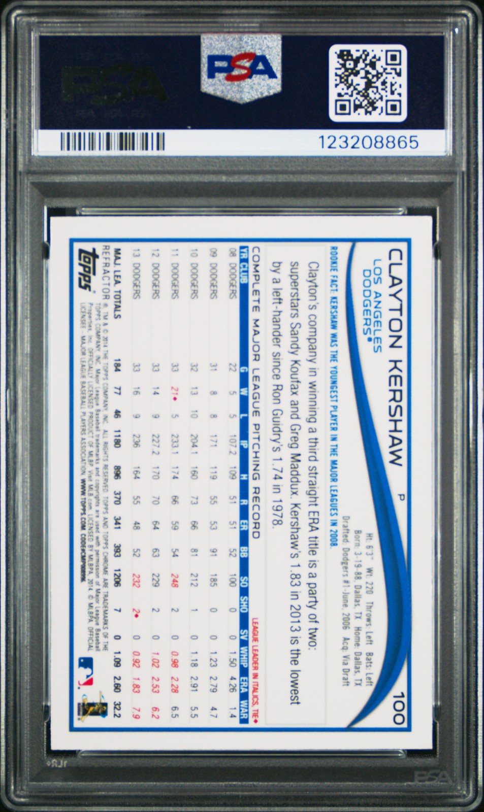 2014 TOPPS CHROME ORANGE REFRACTOR #100 CLAYTON KERSHAW PSA 10 view 2