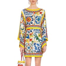 NWT Dolce & Gabbana White Yellow Majolica print Silk Charmeuse Dress IT 42 M