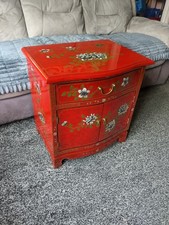Oriental Cabinet. Hand Painted. Red Lacquered. Very Good Used Condition.