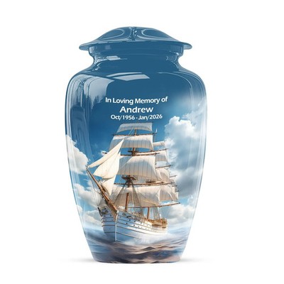 White Yacht Memorial Urn for Ashes, Blue Cremation Urn for Adults Funeral Burial