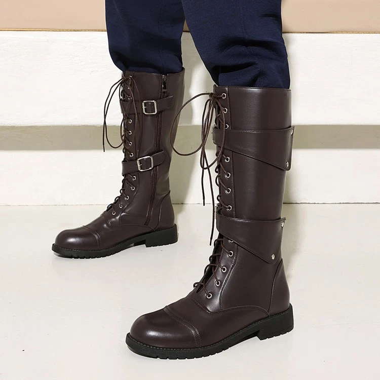 Botas masculinas com fivela e cadarço altura do joelho botas de cavaleiro equitação motocicleta zíper faroeste - Imagem 4 de 4