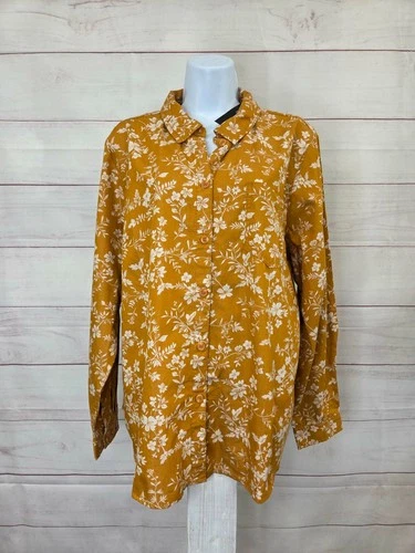 LARGE HONEY A688997 Joan Rivers Cotton Chambray Floral Classic Button Frnt Shirt