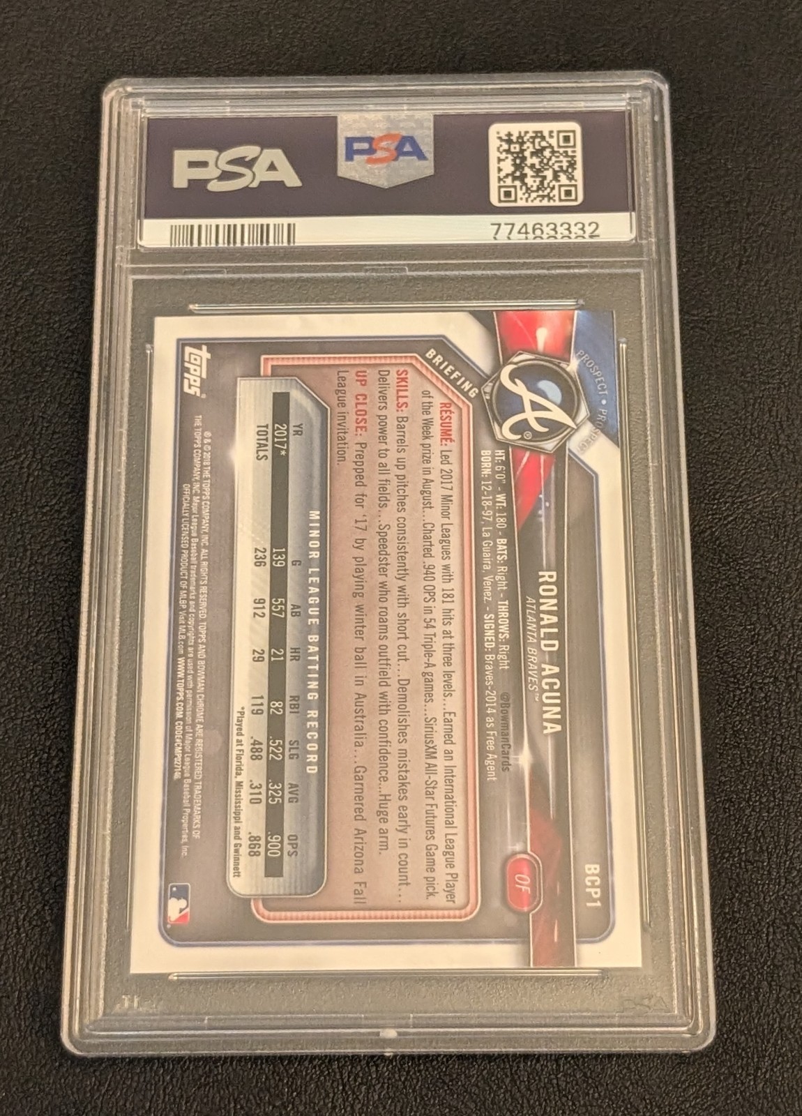 Ronald Acuna Jr 2018 Bowman Chrome Prospects RC PSA 10 #1 view 3