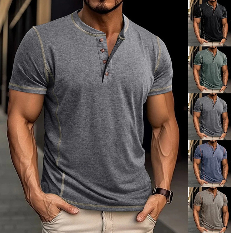 Herren Henley T-Shirt mit Knopfleiste Kurzarm Hemd Oberteile Freizeitshirt Tops