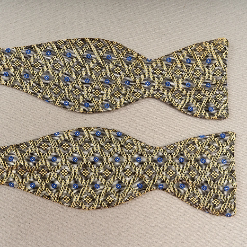 Винтажный шелковый галстук-бабочка желтый синий геометрический бриллиант регулируемый регулятор - Изображение 2 из 4