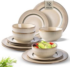 Ceramic Dinnerware Sets,12 pcs Embossed Elegant Stoneware Plates & Bowls Sets