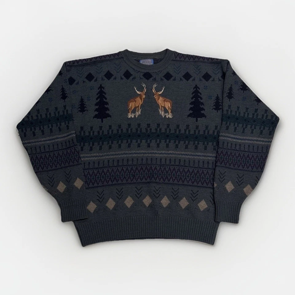 Vintage Mens L Pendleton Deer Embroidered Sweater Virgin Wool Christmas Reindeer - Image 2 of 4