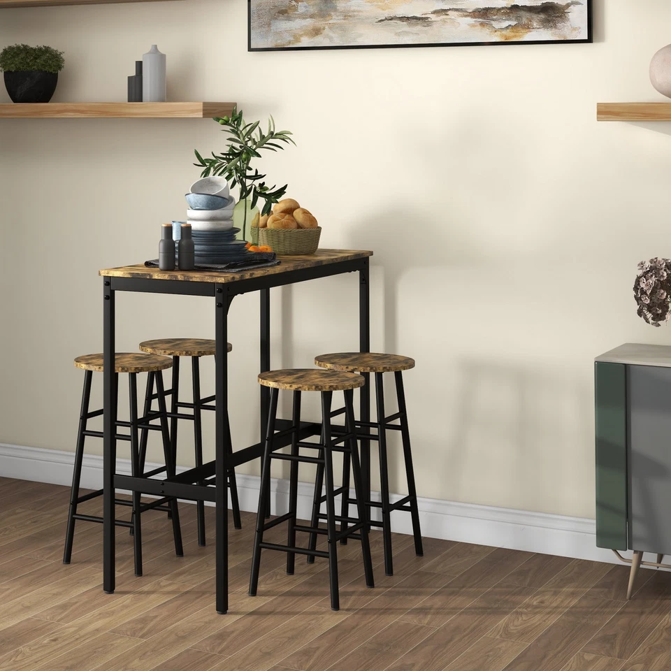 HOMCOM 5 Piece Bar Set, Industrial Kitchen and Chair Set Rustic Brown - Image 2 of 4