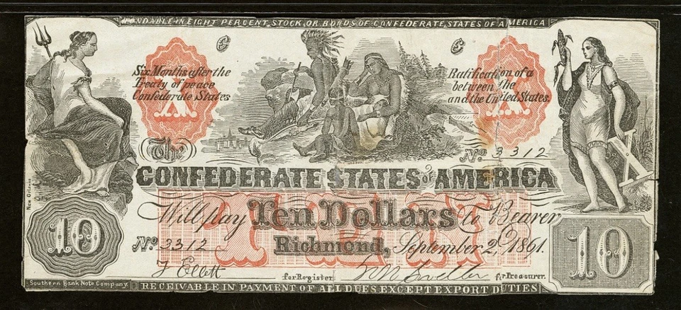 CT-22 $10 1861 Estados Confederados Guerra Civil Contemporáneo Billete Falsificado, PCGS Foto 3 de 4