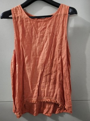 Francesca Bettini Top Womens L Coral Sleeveless 100% Linen Fringe Hem Made Italy