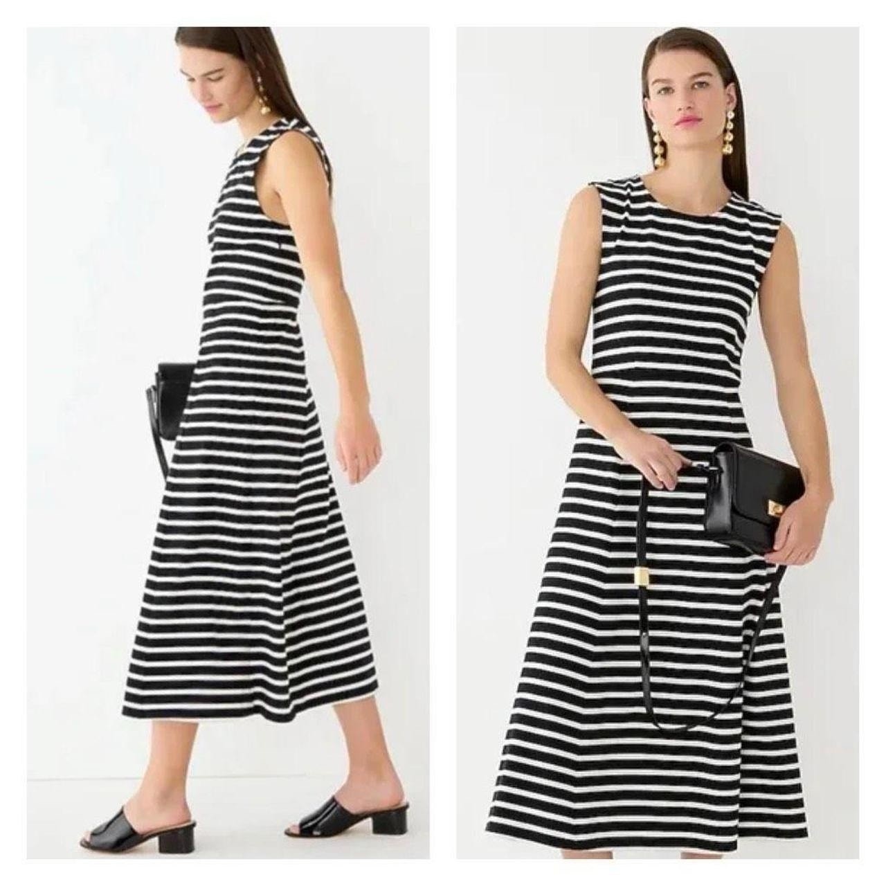 J.Crew Striped Cotton Jersey A-Line Dress XS Black White Cap Sleeve Preppy Midi