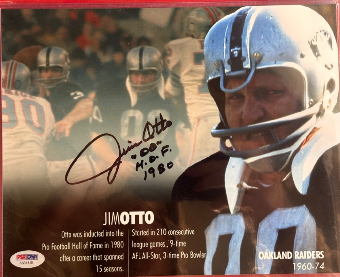 Jim Otto Autographed Signed Oakland Raiders Photo H.O.F Induction 1980 PSA/DNA Certified 