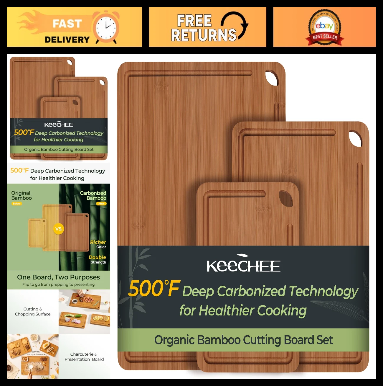 Keechee Bamboo Cutting Board with Juice Grooves and Handles