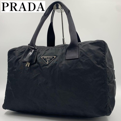 PRADA Boston Bag Triangle Logo Travel Bag Nylon with Padlock Black Authentic