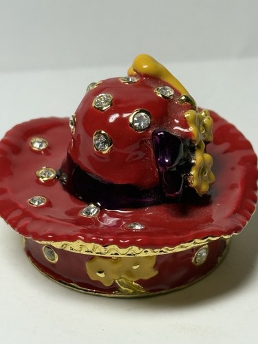 DAMENHUT SCHMUCK EMAILLIERT SCHMUCKKÄSTCHEN-STRASSSTEINE-ROT-METALL-UNIKAT LOOK-GEBRAUCHT - Bild 4 von 11