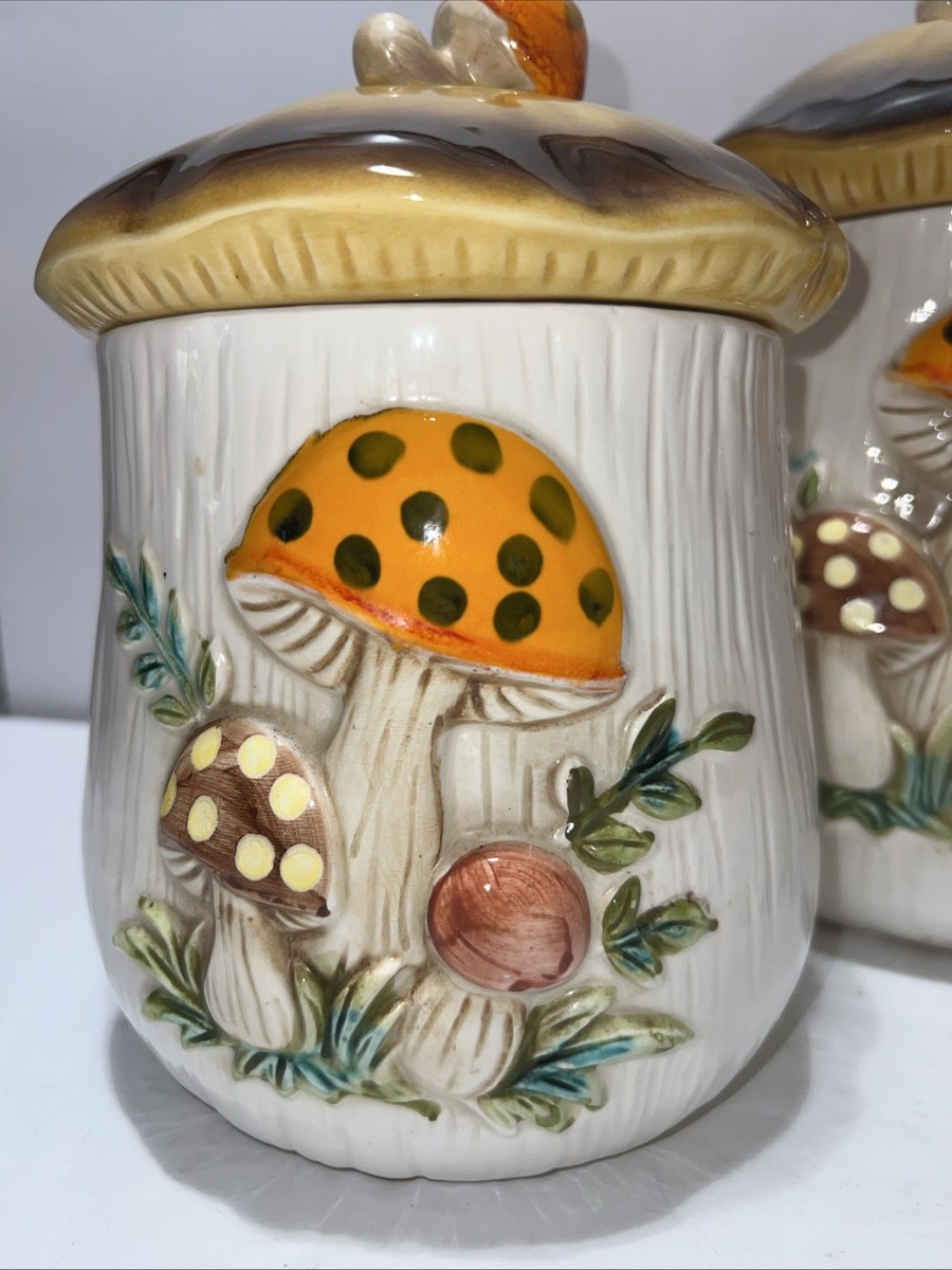 Vintage 1970's Sears Merry Mushroom 3 Piece 2 Sided Canister Set