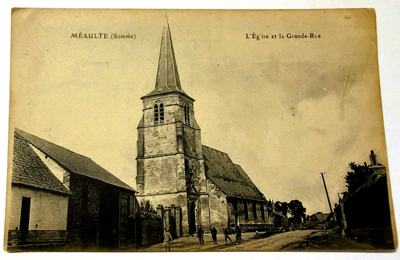 VTG POSTCARD MEAULTE Somme FRANCE CHURCH AND MAIN ST  WWI message