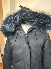 Kenzo Paris Down Knee Length Black Coat Blue Raccoon Fur Trimmed Hood Women's S