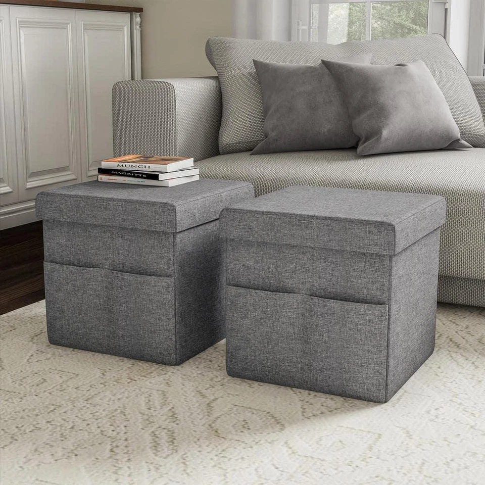 Lavish Home Foldable Storage Cube Ottoman Charcoal Gray Pockets (Set of 2) - Image 3 of 4