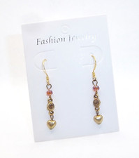 Pink Bead Gold Tone Heart Drop Dangle Pierced Earrings ... Se407
