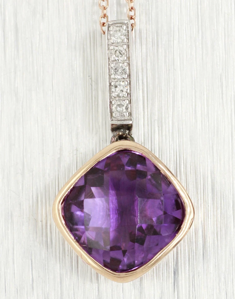 Vintage Square Amethyst & Diamond Pendant - 14k Rose Gold Necklace - 18" - Image 3 of 4