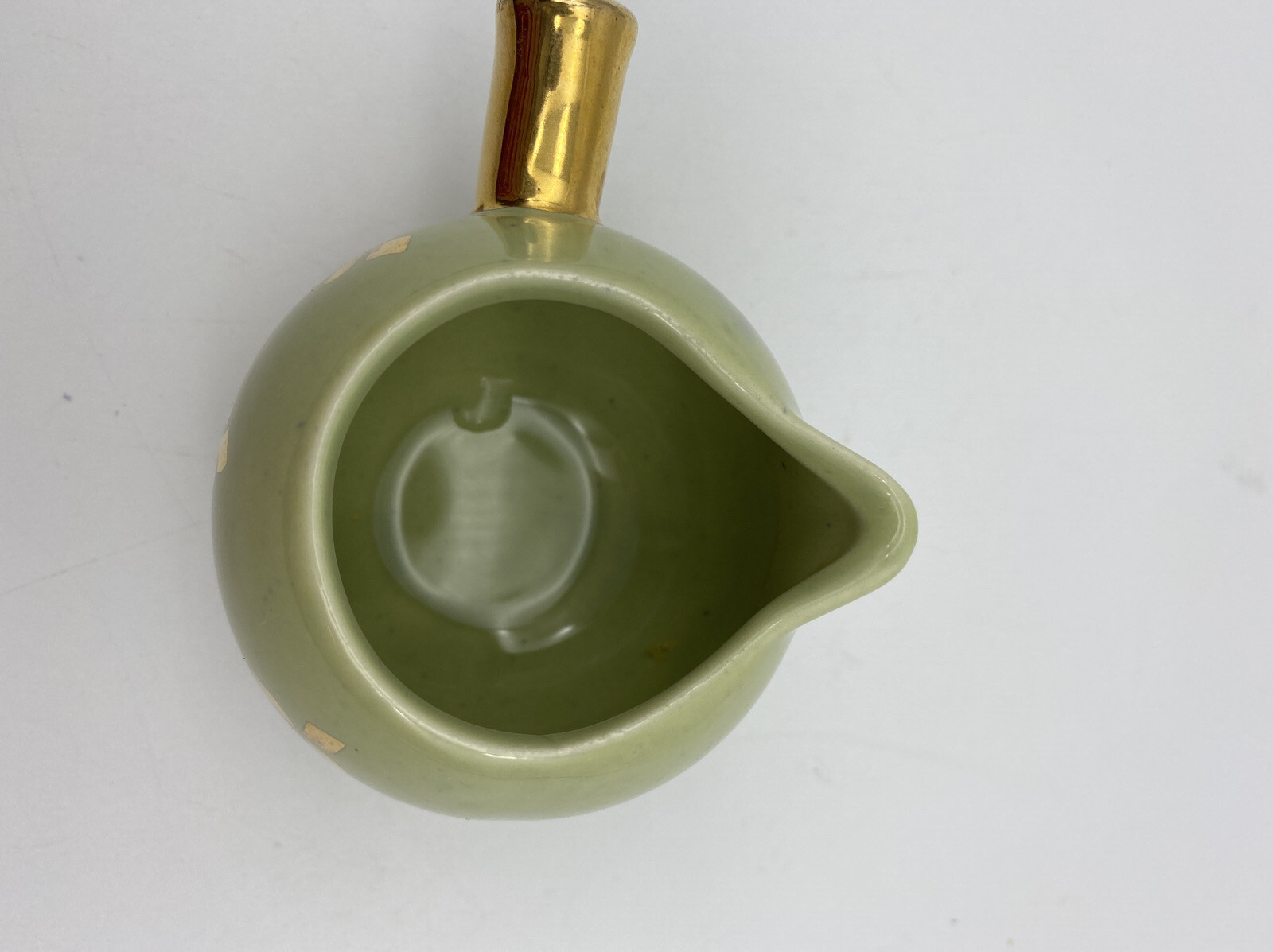 Vintage Handpainted LE PERE POTTERY Green Gold Trefoil Pitcher Jug Ewer